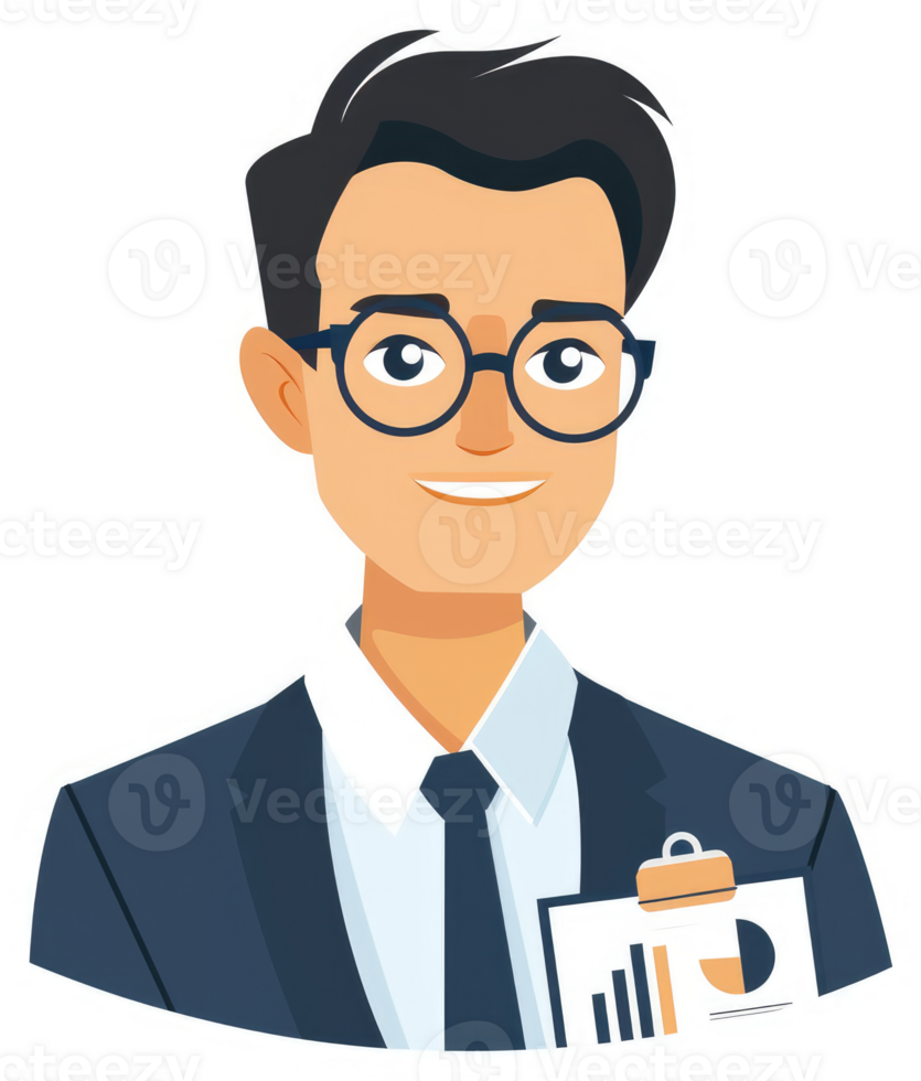 A smiling businessman in a suit holding a clipboard with charts. png
