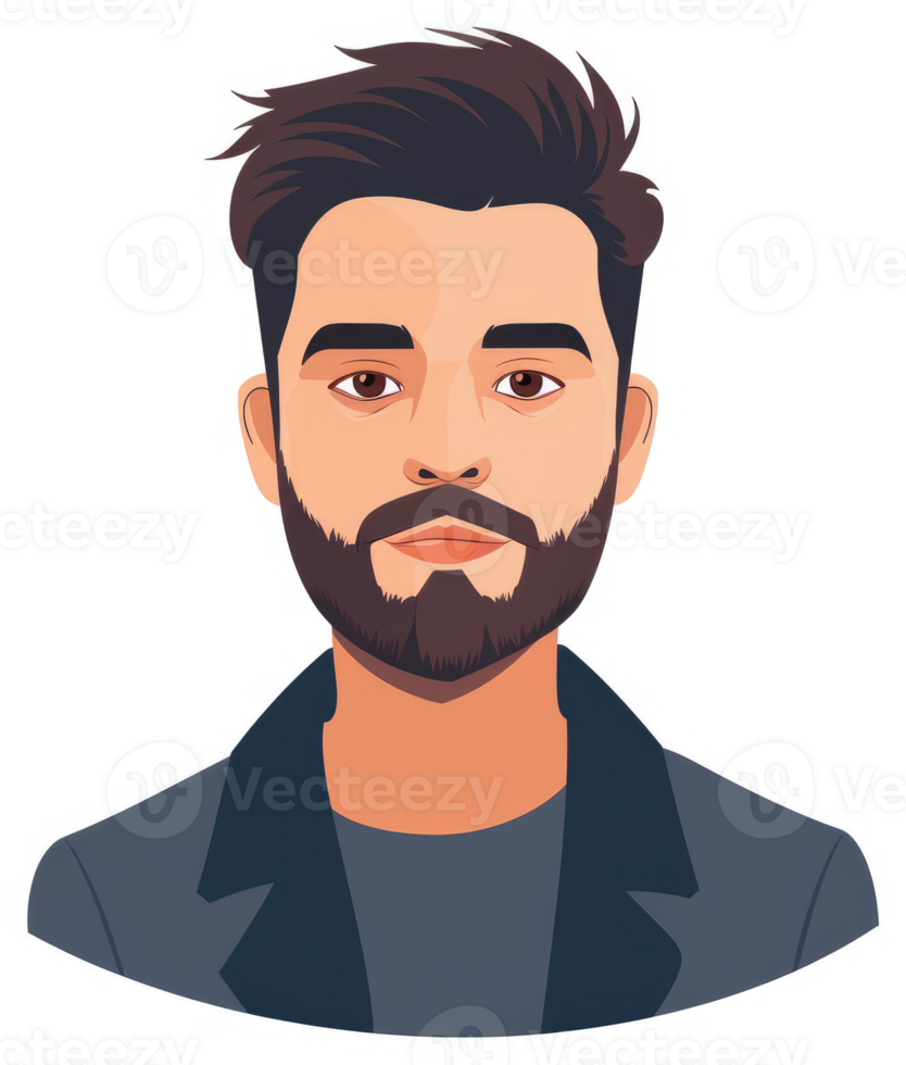 A stylized portrait of a man with a neat hairstyle, beard, and casual attire. png
