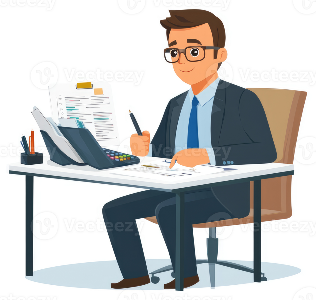 A businessman sits at a desk, reviewing financial documents. png