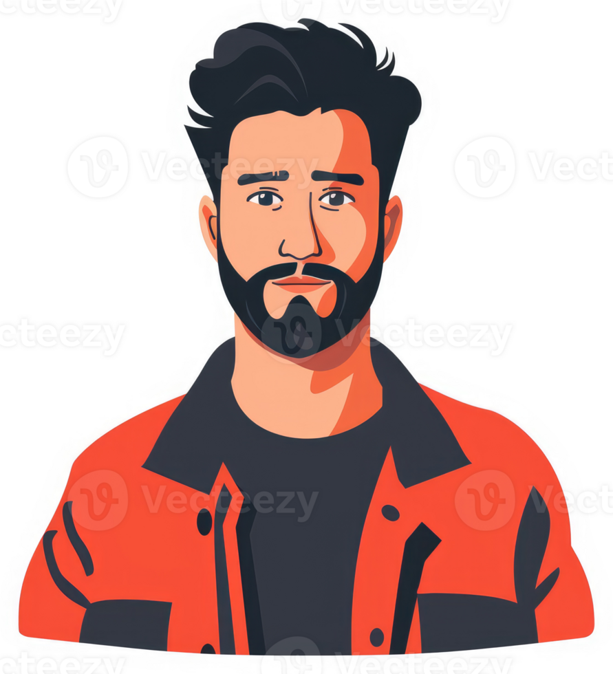 A stylized illustration of a man with a beard and a jacket. png