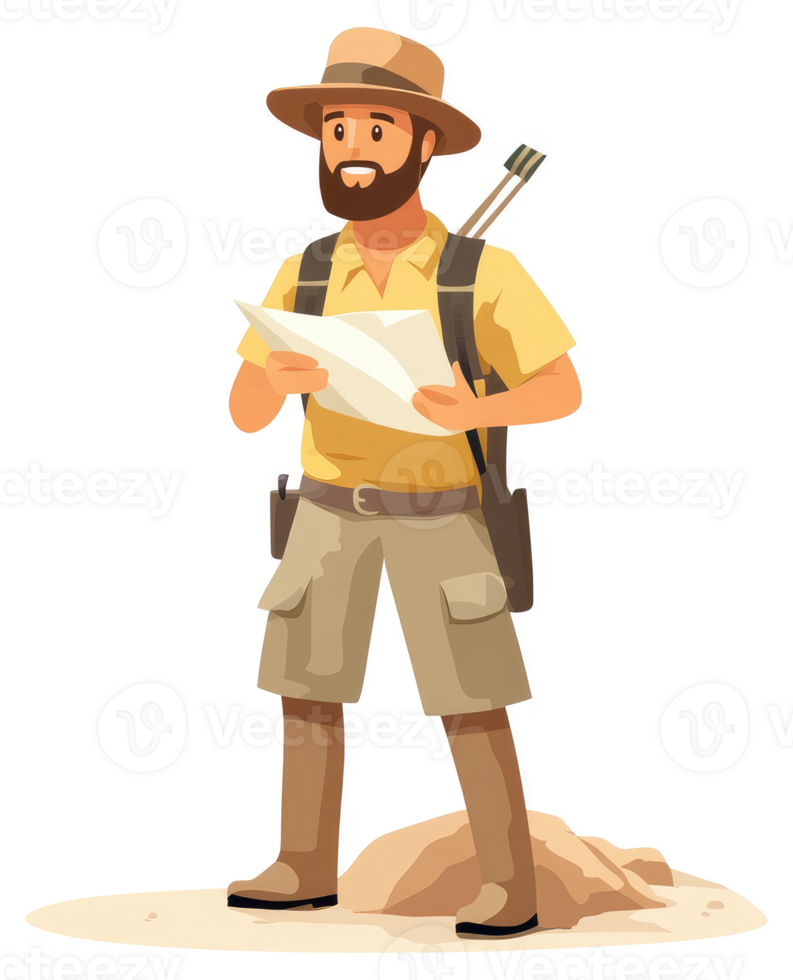 A bearded explorer studies a map, ready for adventure. png