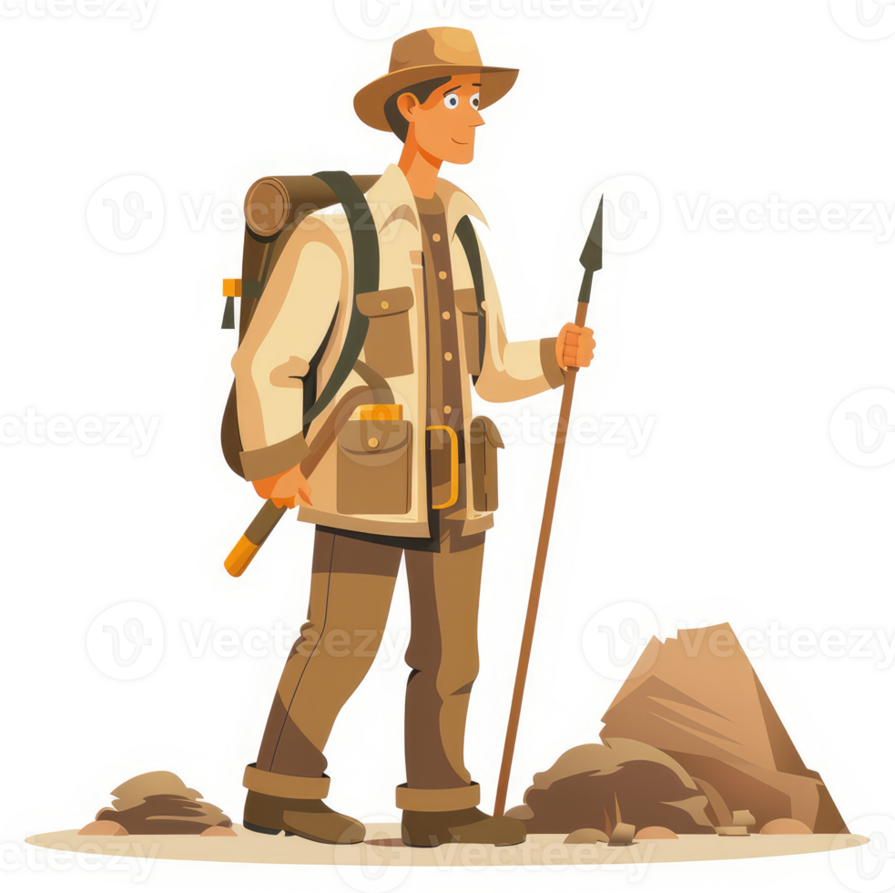 A hiker with a backpack and spear, ready for an adventurous trek. png