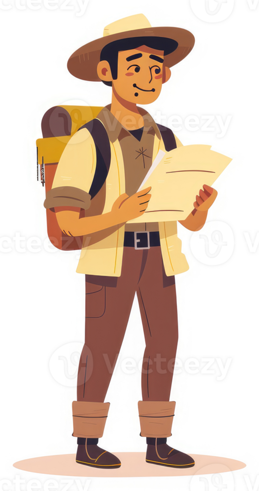 A smiling explorer with a backpack and map. png