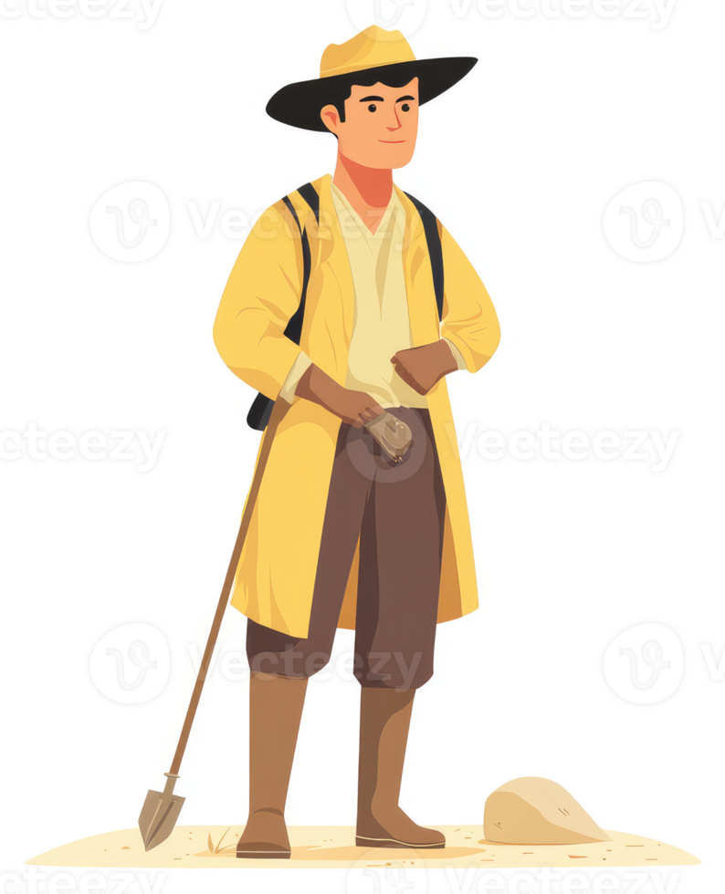 A prospector in yellow attire, equipped with tools, searching for treasure. png