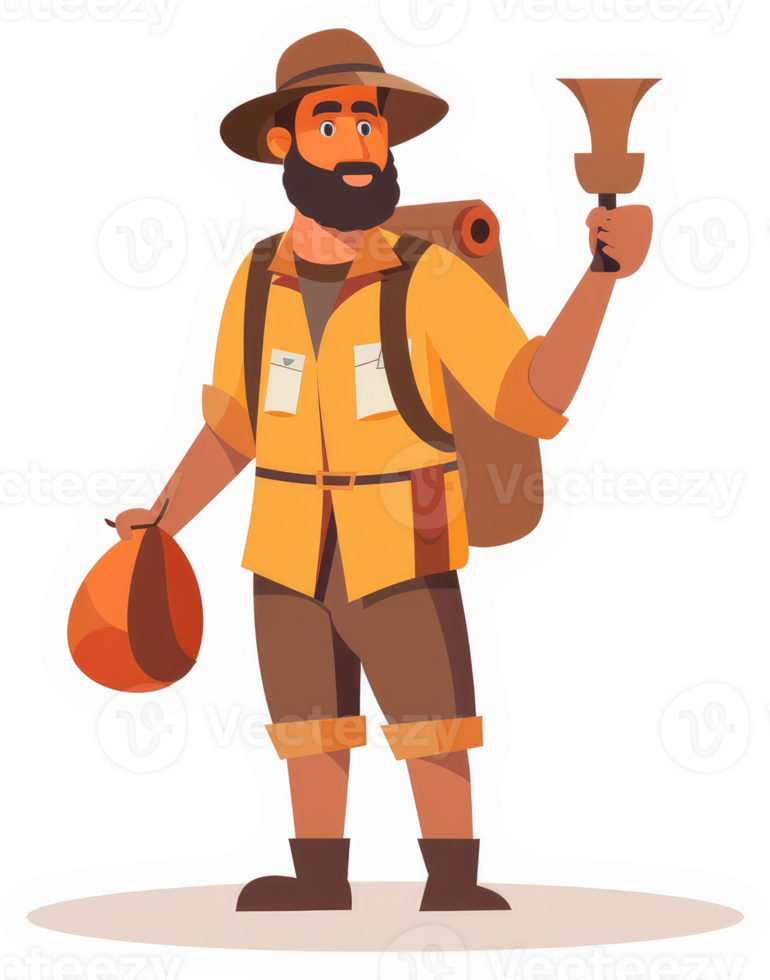 A bearded explorer with a backpack and a bell, ready for adventure. png