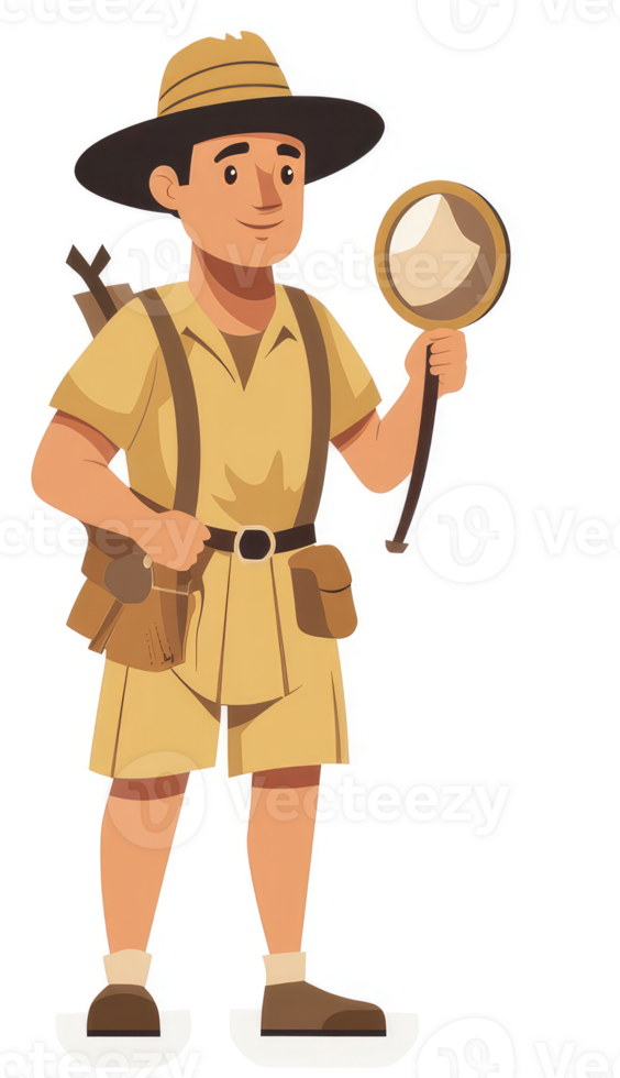 A cheerful explorer, equipped for adventure, holding a magnifying glass. png
