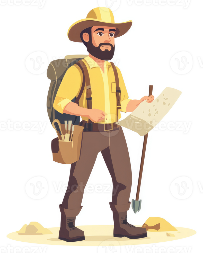 A determined explorer with a map and tools, ready for an expedition. png