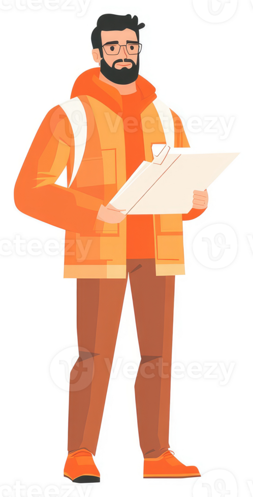 A man in an orange jacket and pants holding a map. png