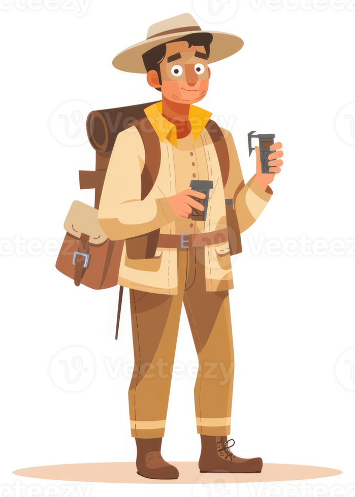 A hiker enjoying a coffee break with outdoor equipment. png
