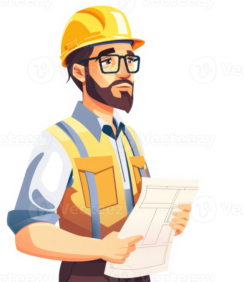 A focused construction worker reviewing building plans. png