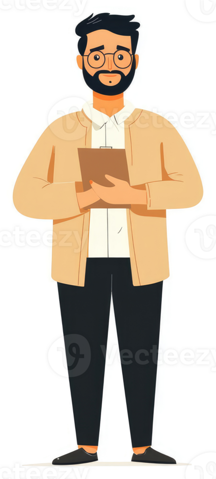 A man in a beige jacket, holding a clipboard, stands confidently. png