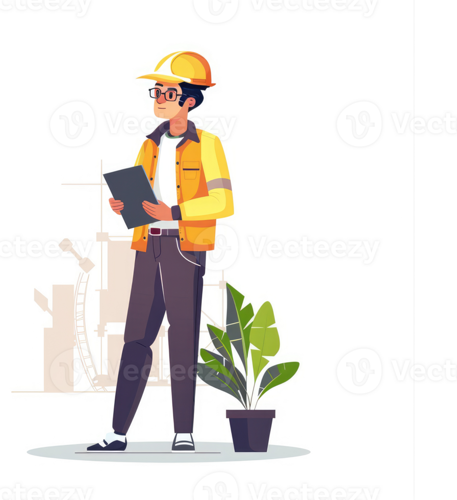 A professional engineer stands in a construction site, reviewing documents. png