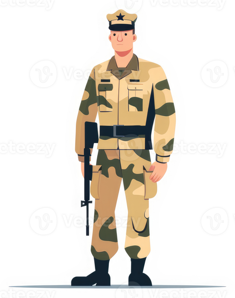 A soldier in camouflage uniform stands at attention. png