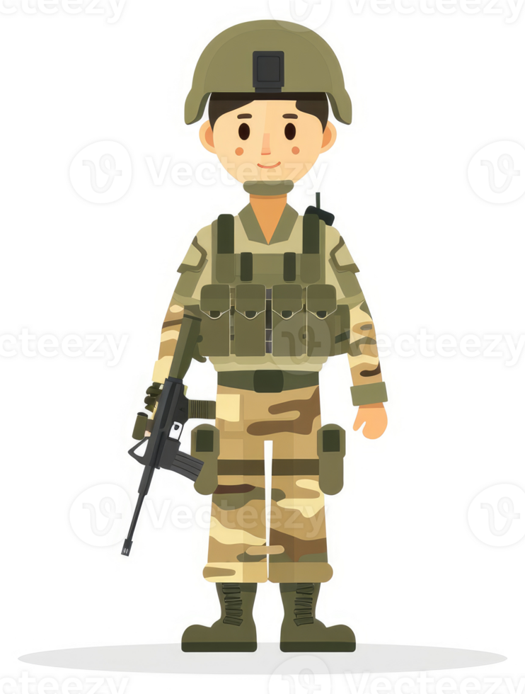 Cartoon illustration of a soldier in camouflage uniform. png