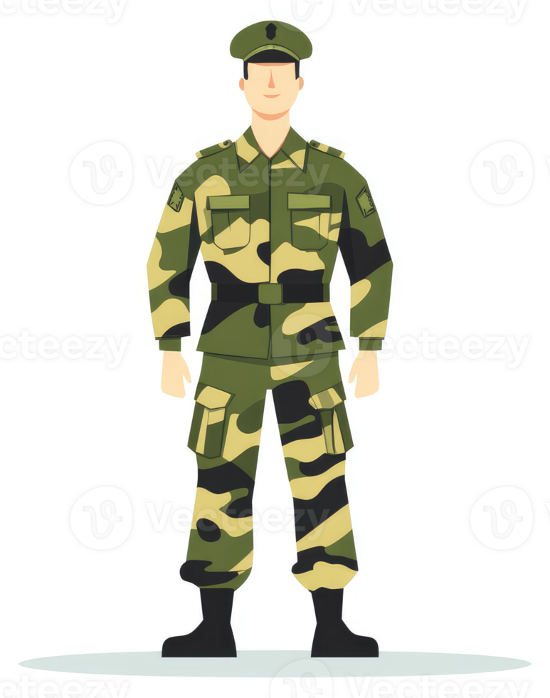A soldier in camouflage uniform standing at attention. png