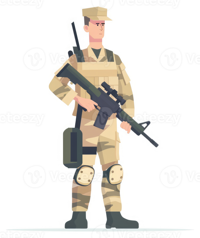 A soldier in camouflage fatigues stands ready with a rifle. png