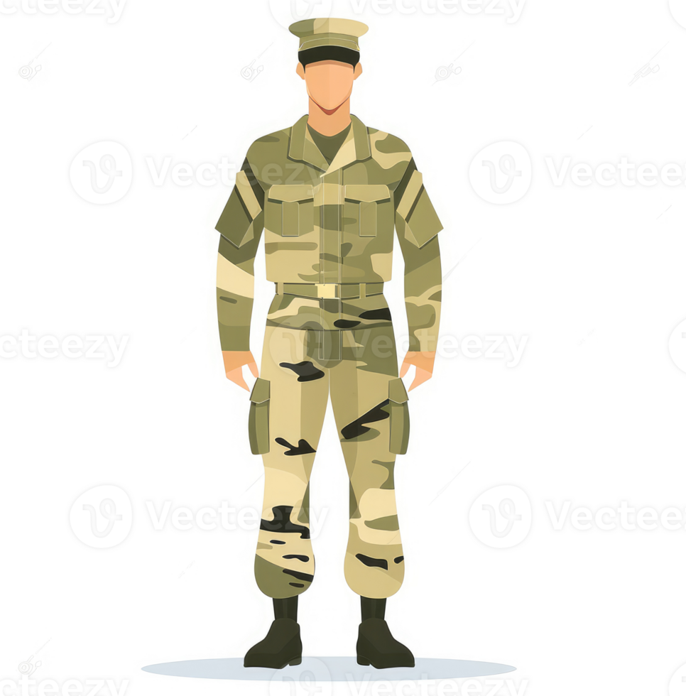 A military personnel in camouflage uniform, showcasing a standard military ensemble. png
