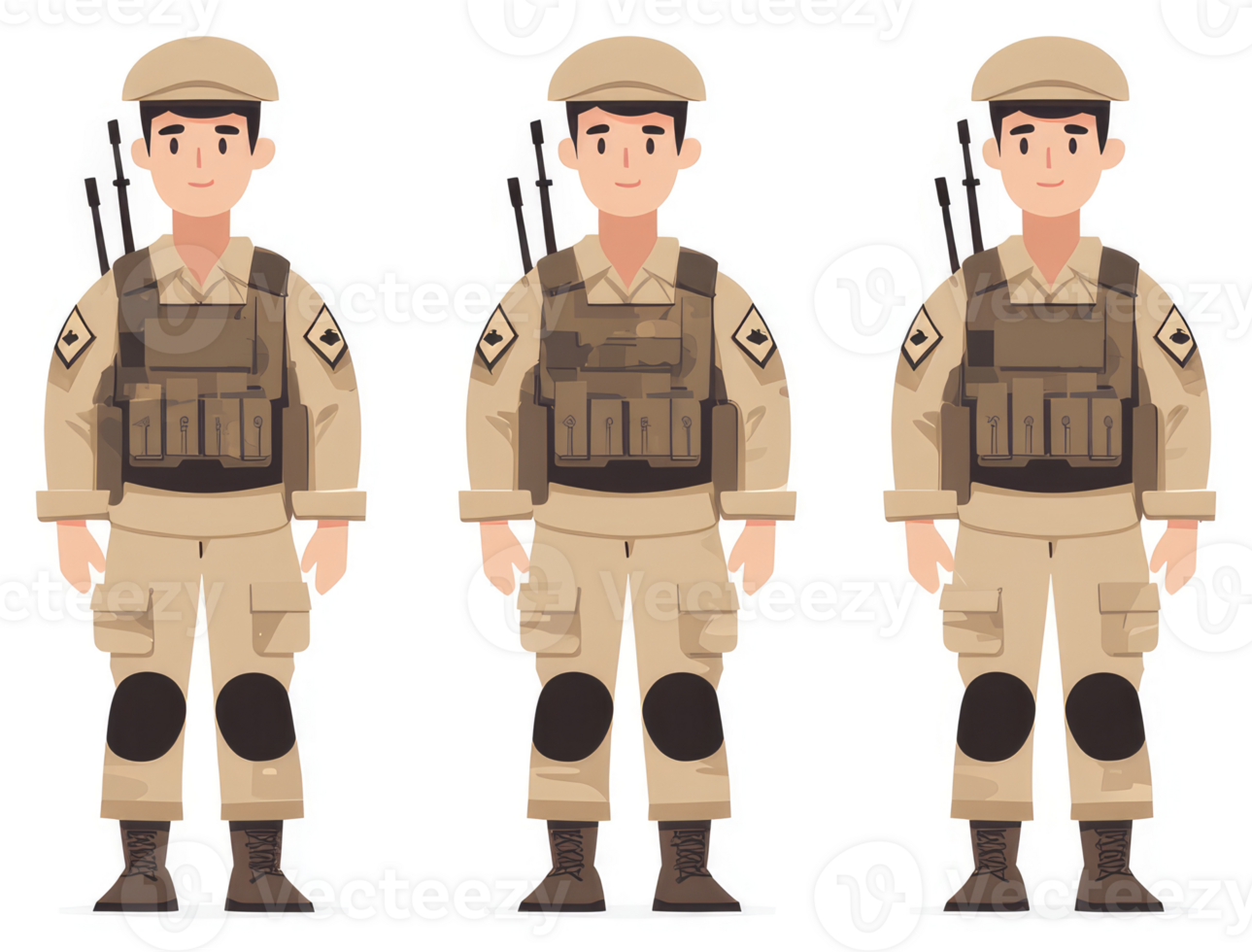 Three uniformed soldiers in camouflage military fatigues. png