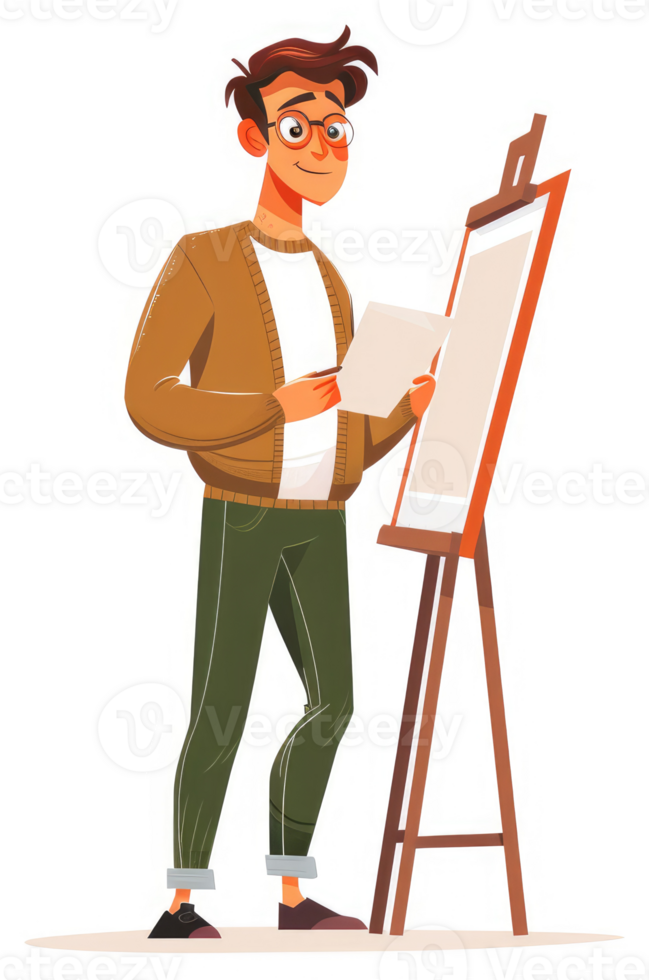 A young artist meticulously examines a blank canvas on an easel. png