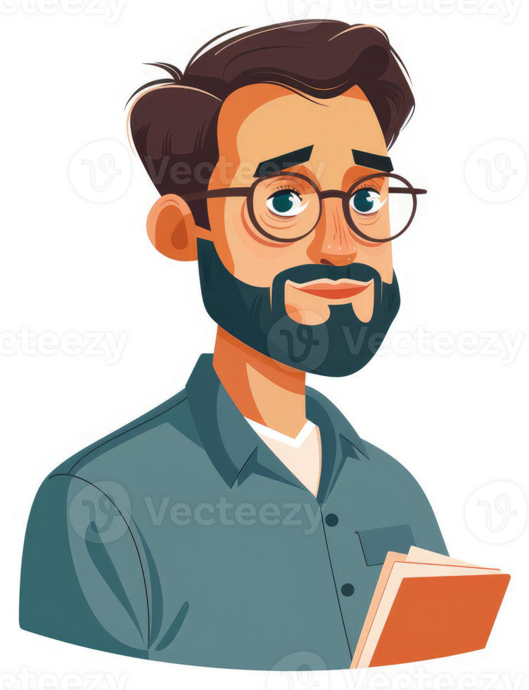 A thoughtful man with glasses holding a book. png