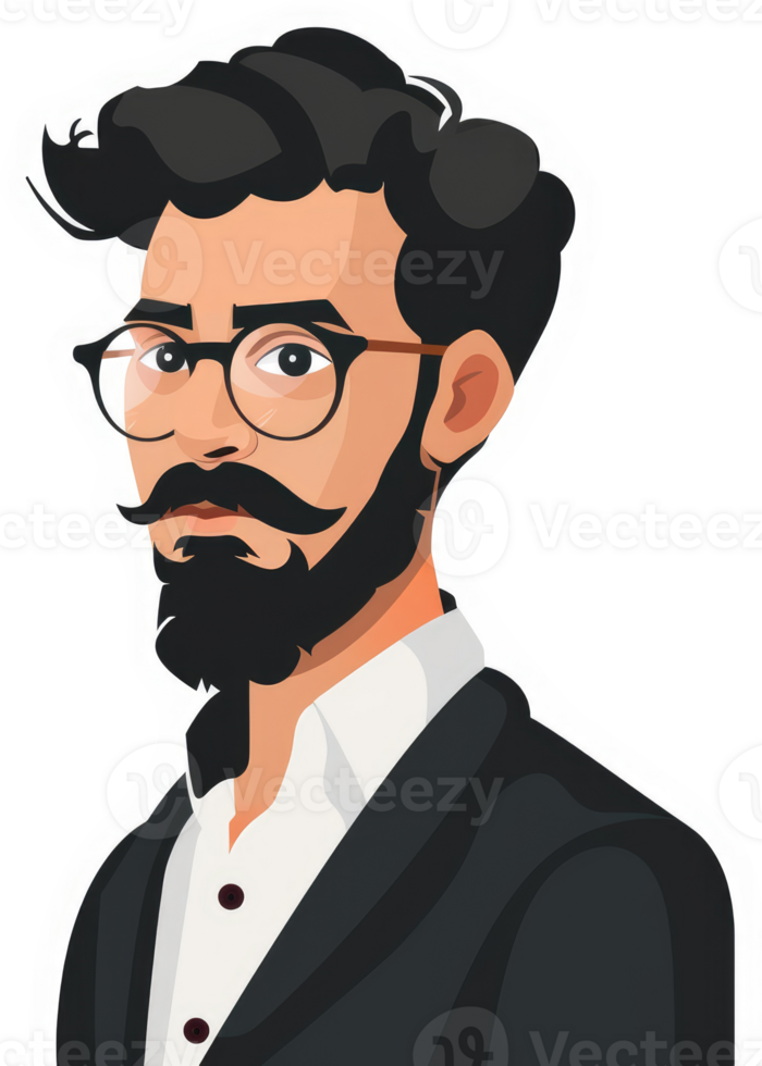 A stylized illustration of a man with a beard and glasses. png
