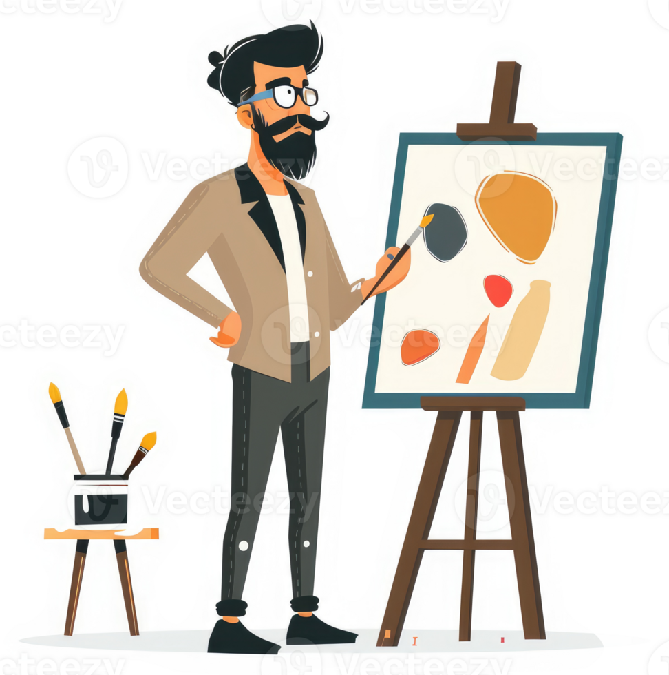 A bearded artist painting an abstract piece on an easel. png