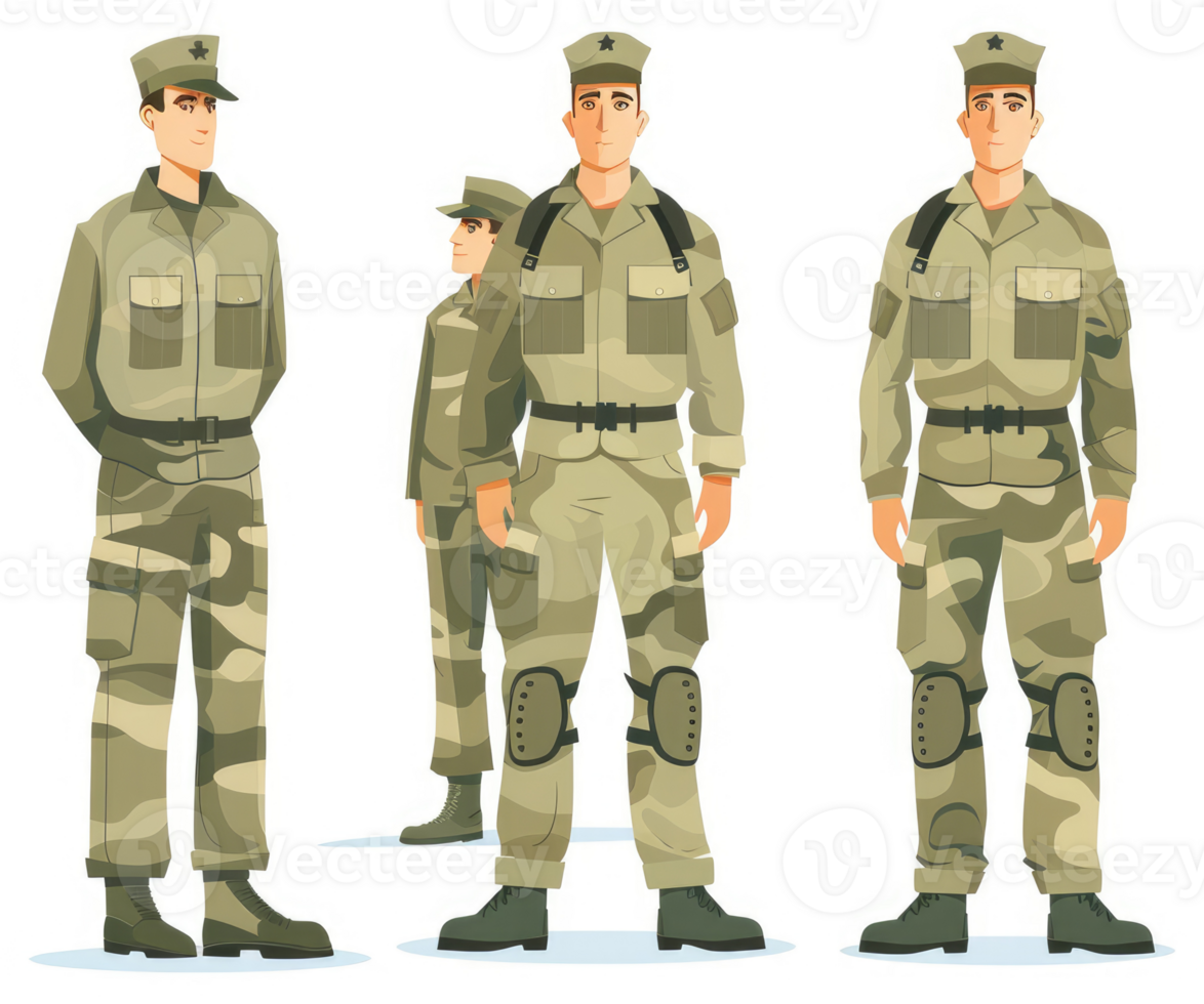 Three military personnel in camouflage uniforms. png