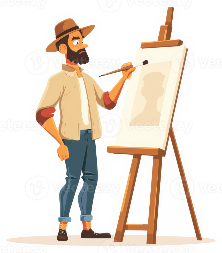A bearded artist meticulously paints a portrait on an easel. png