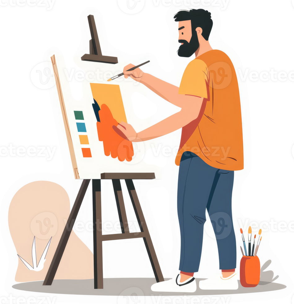 A bearded artist meticulously paints on a canvas easel. png