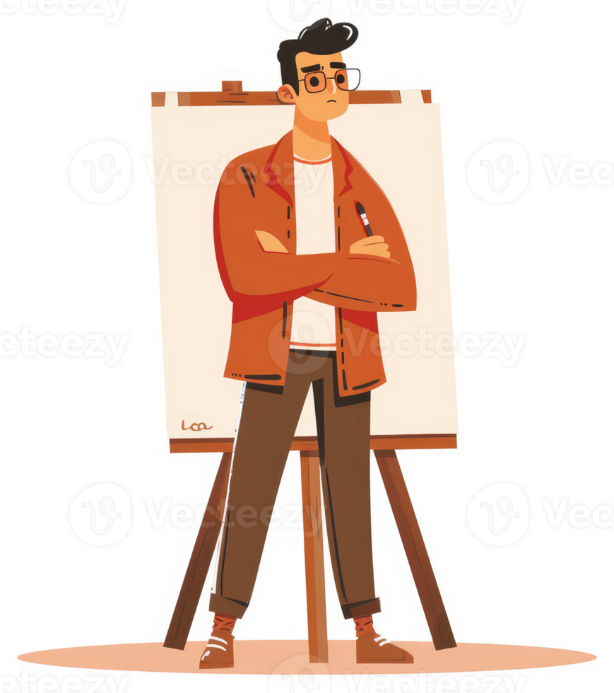 A thoughtful artist stands before an easel, contemplating their next masterpiece. png