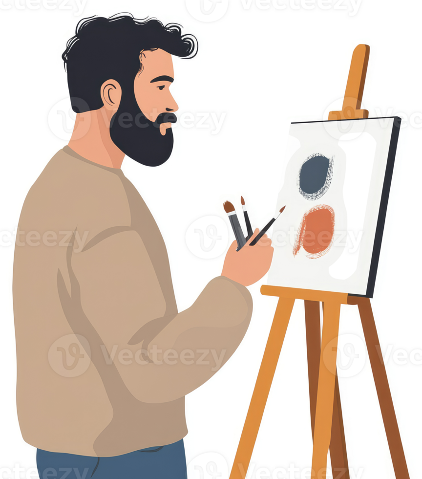 A man with a beard paints on a canvas. png
