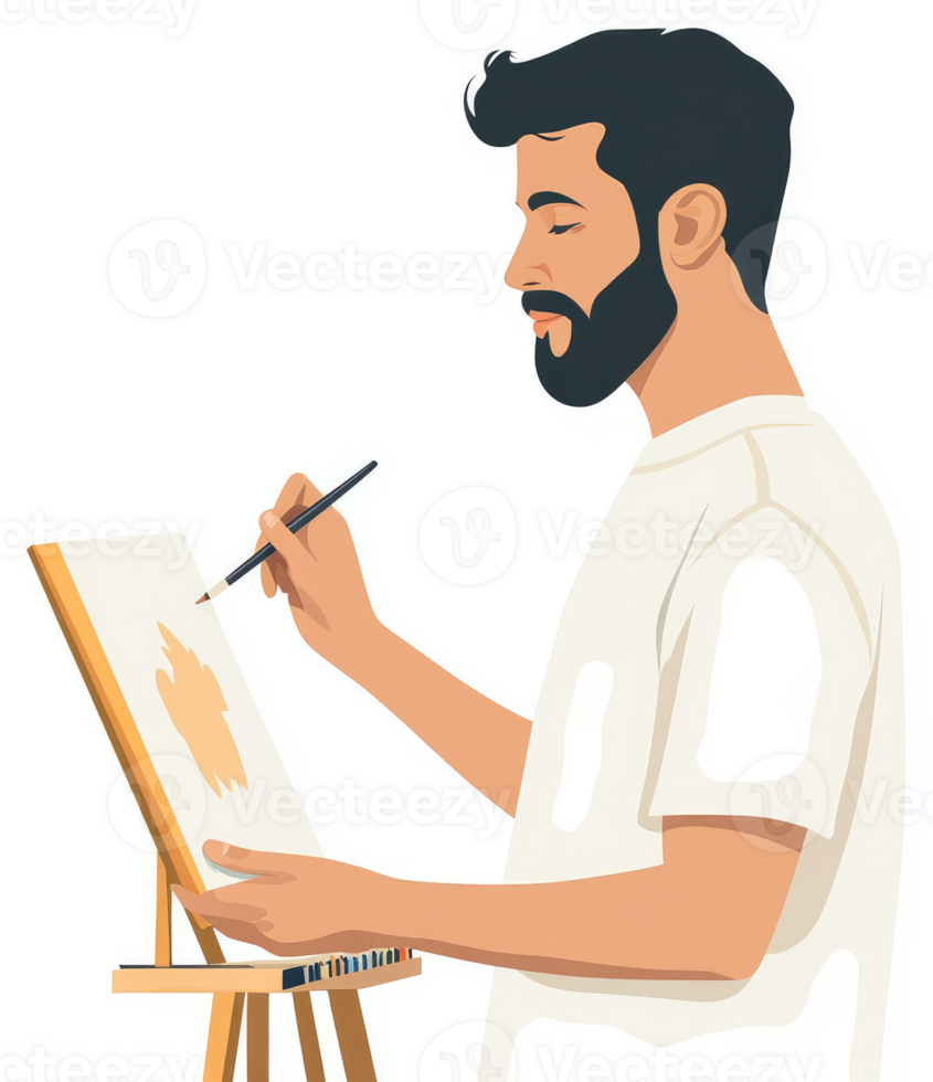 A man with a beard painting on a canvas easel. png