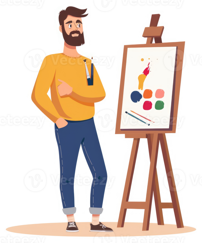 A man in a yellow sweater stands proudly beside an easel, showcasing his artwork. png