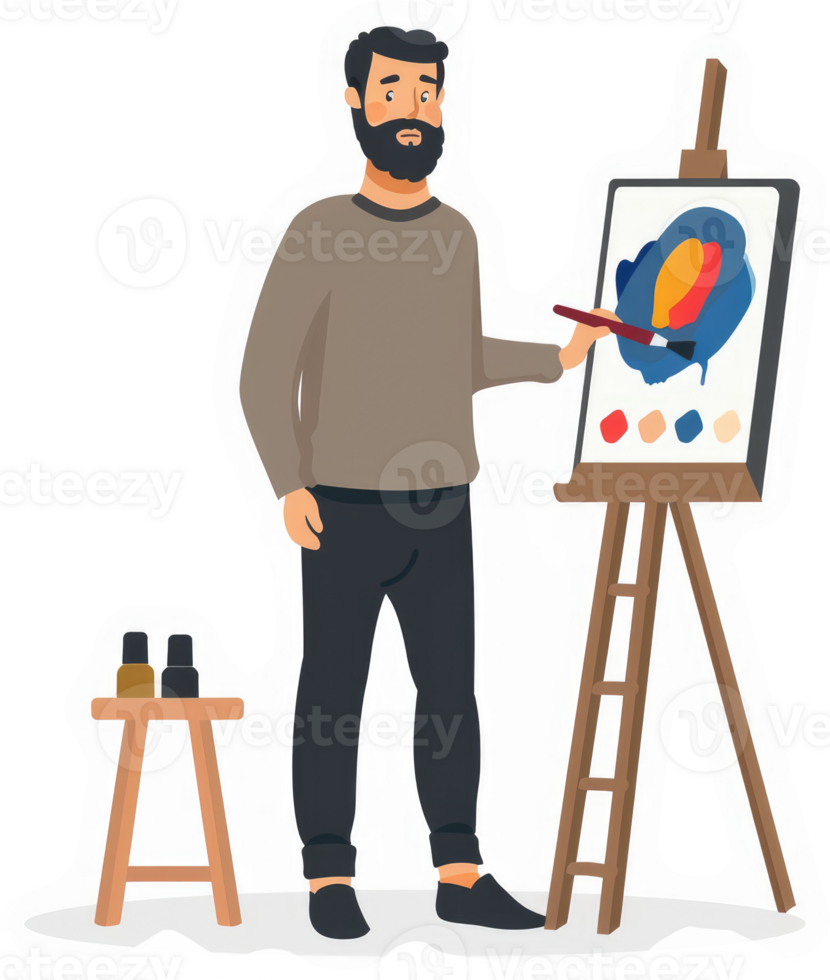 A bearded man in casual wear paints on an easel. png