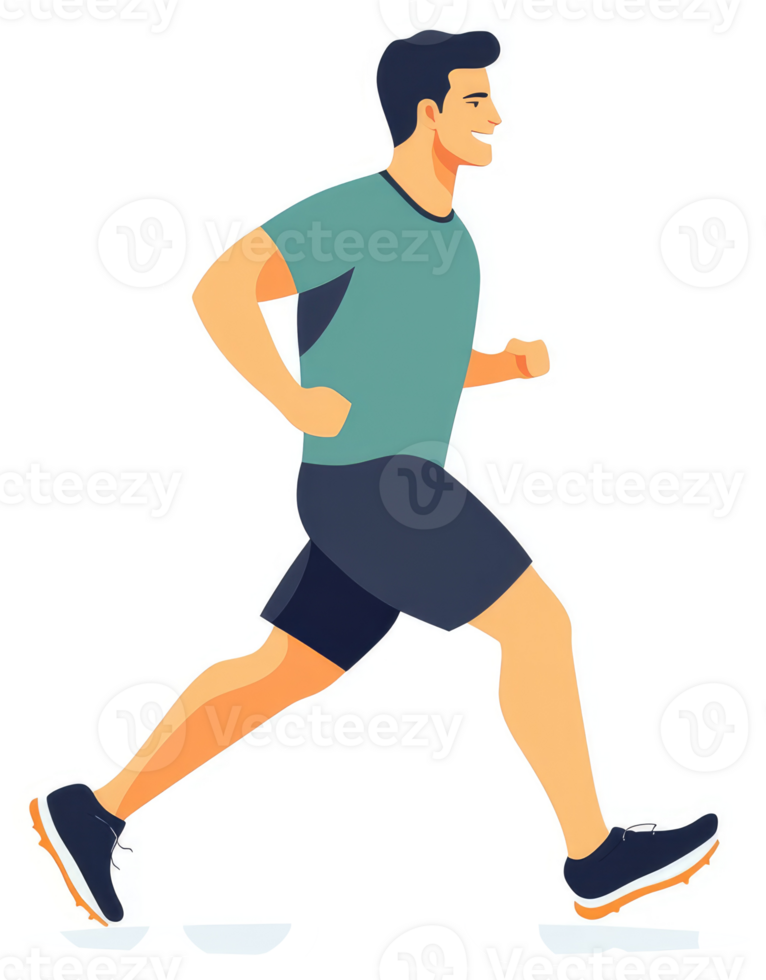 A smiling man in teal running attire is jogging. png