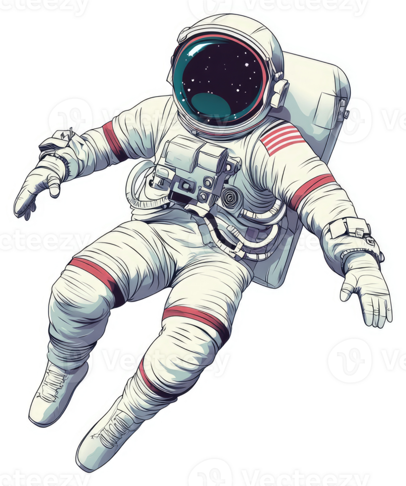 A stylized illustration of an astronaut in space suit, floating freely. png