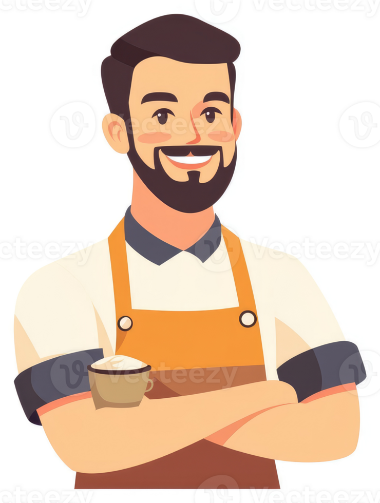 A friendly barista with a coffee drink, smiling warmly. png