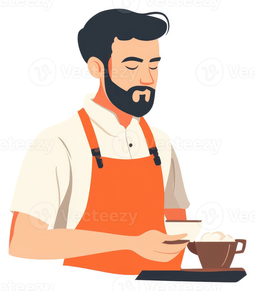 A bearded barista serving a customer a beverage. png