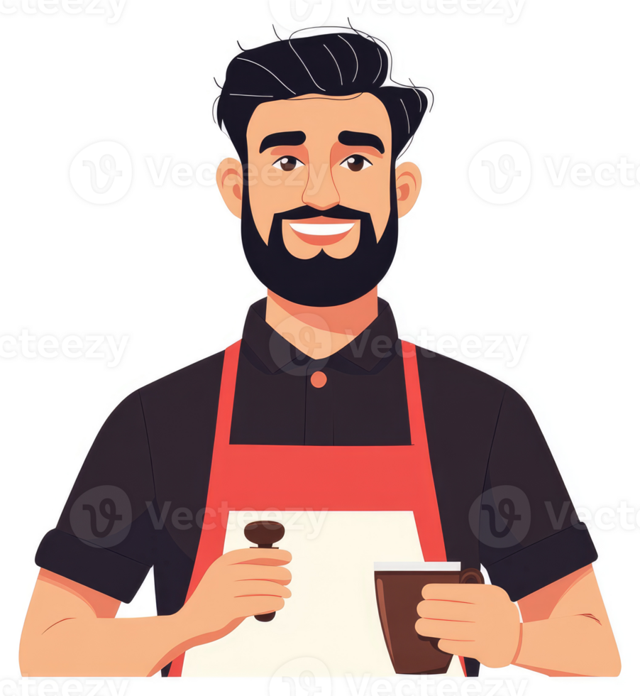 A friendly barista holding a coffee mug and tamper. png