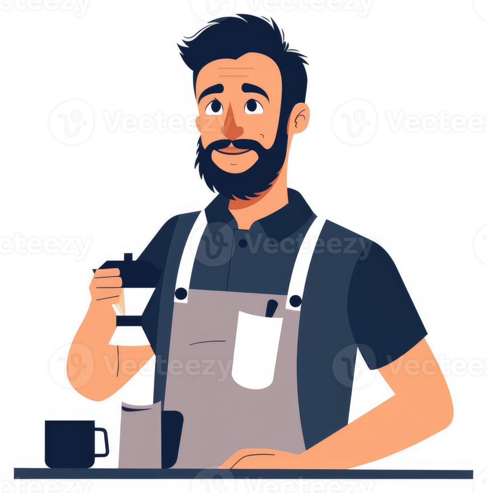 A bearded barista expertly pouring coffee into a cafetiere. png
