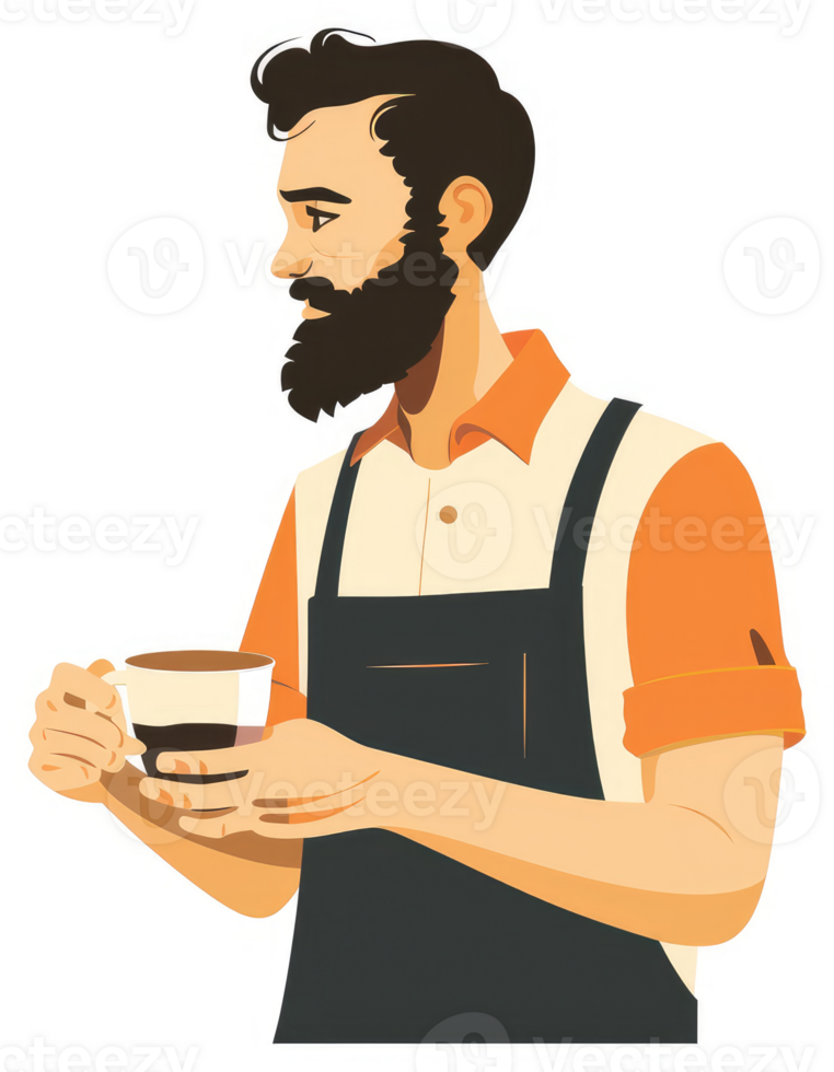 A bearded man in an apron holding a coffee cup. png