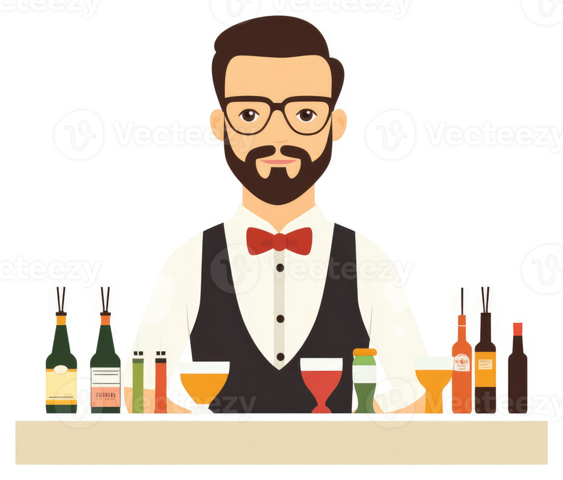 A barman behind the bar with various liquors and glasses. png