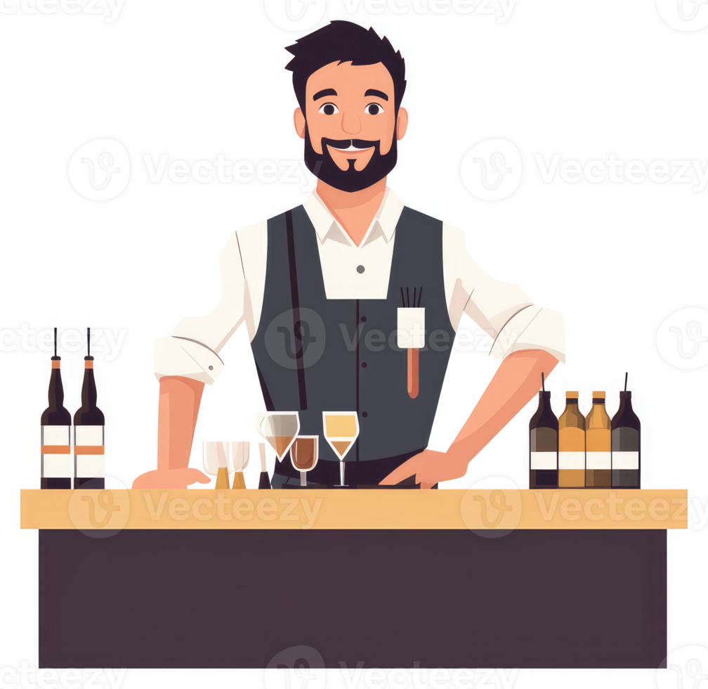 A friendly bartender stands behind a bar counter, ready to mix drinks. png