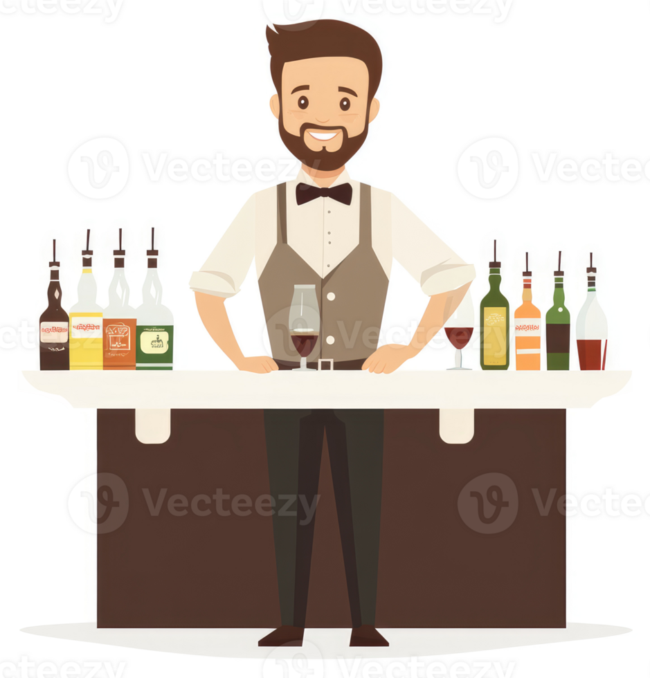 A friendly bartender stands behind a bar stocked with various liquors. png