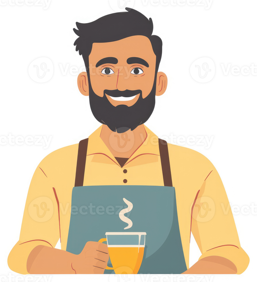 A smiling barista holding a steaming cup of coffee. png
