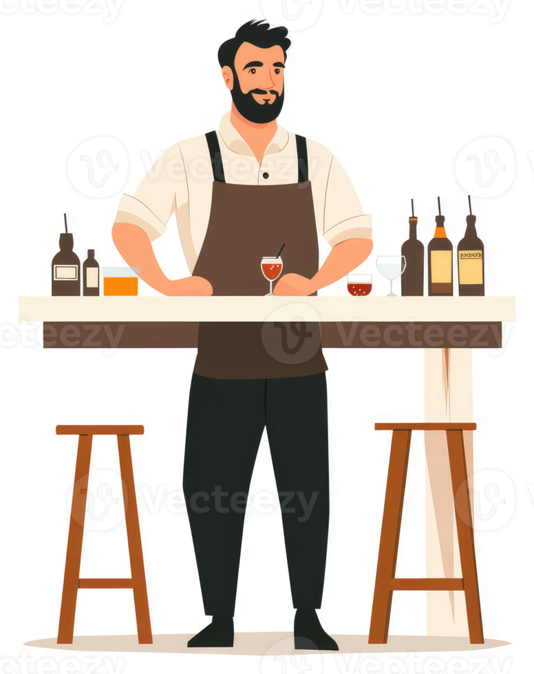 A friendly barman stands confidently behind a bar, ready to serve. png