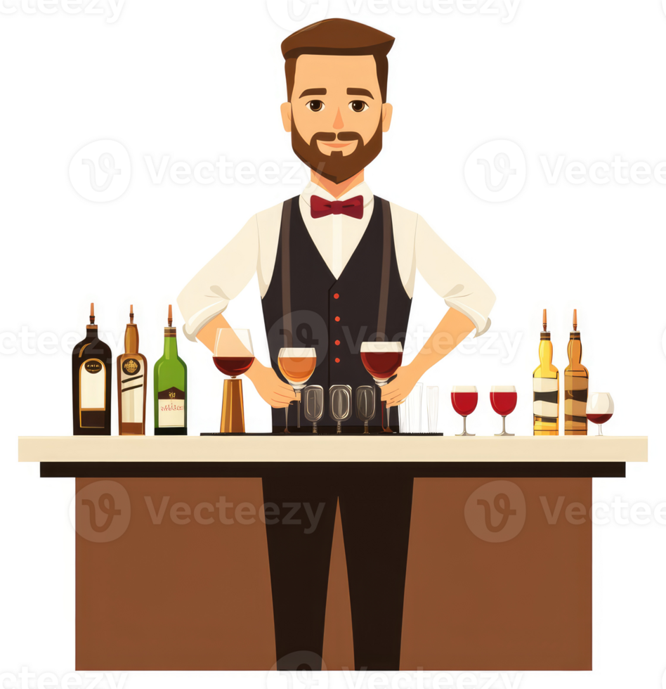 A professional bartender expertly arranging drinks on a bar. png