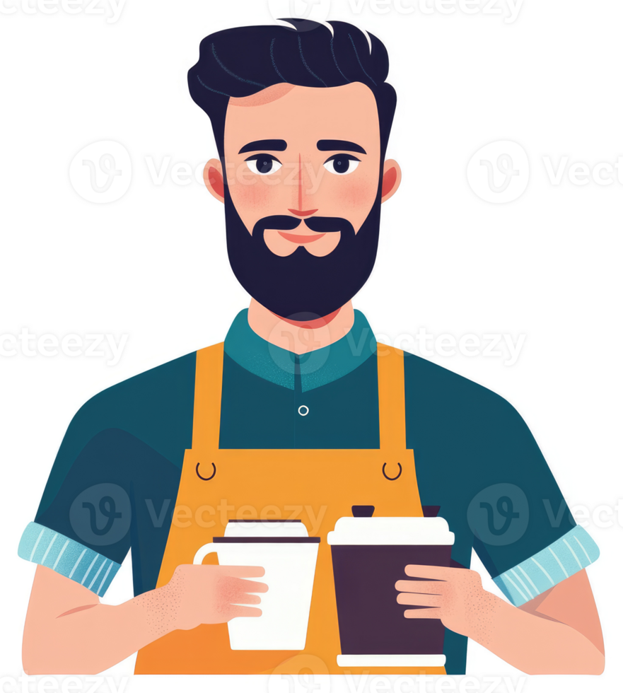 A friendly barista with a beard holding coffee cups. png