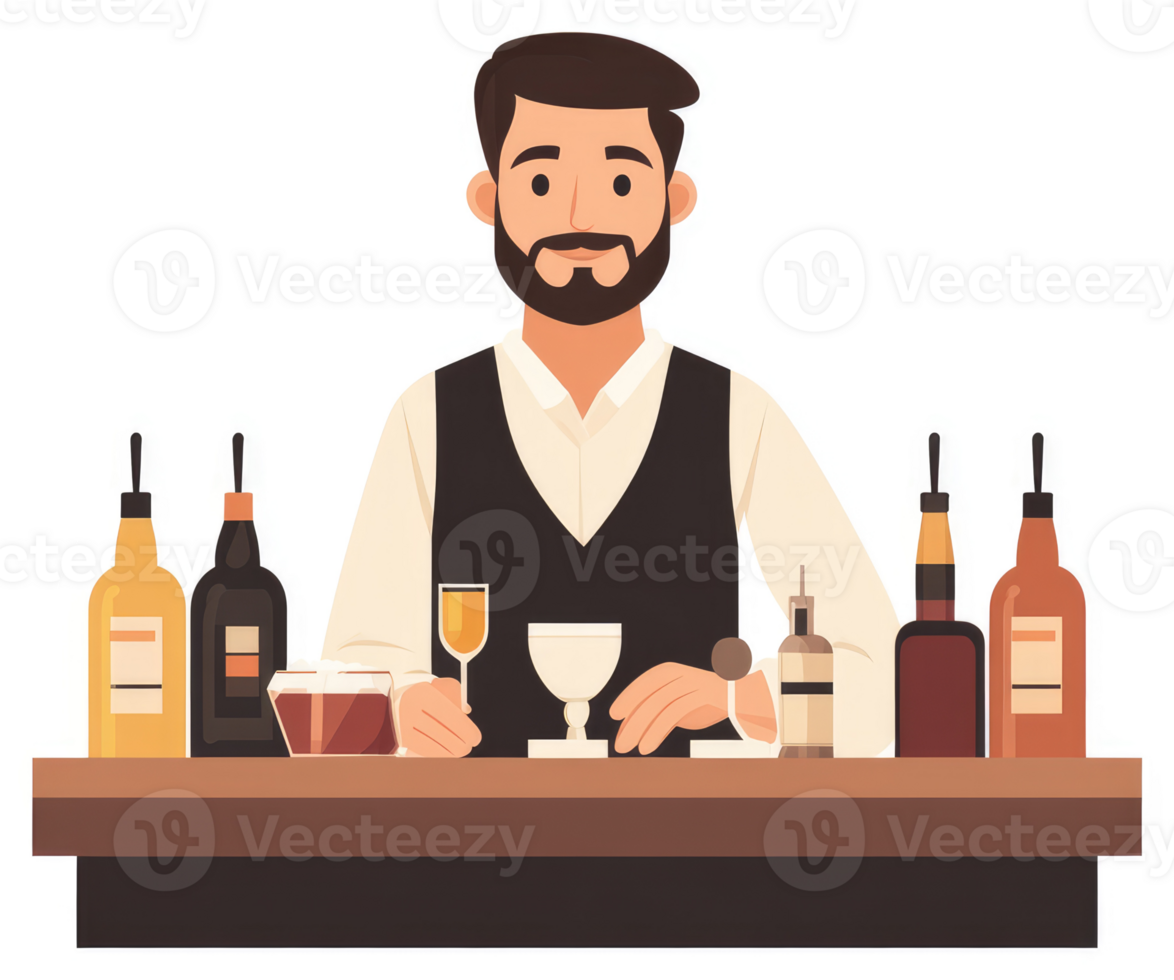 A barman meticulously prepares a cocktail at a bar counter. png