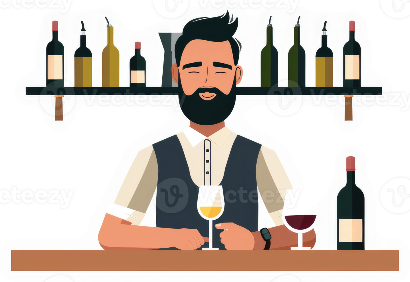 A barman with a beard enjoying a glass of wine. png